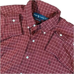 Ralph Lauren Button Down‎ Shirt Men XL Burgundy Grid Classic Fit Long Sleeve